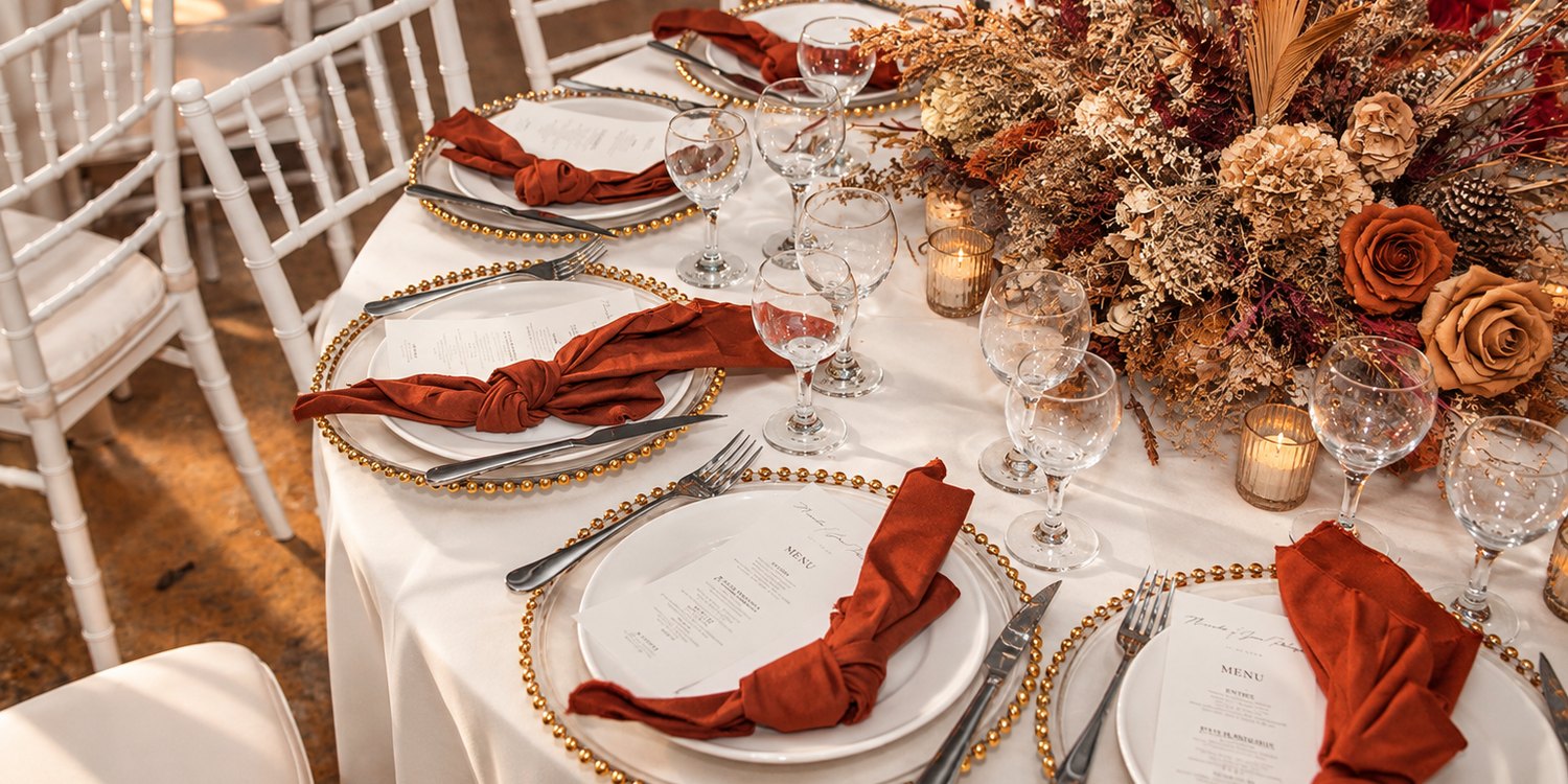 A rust-toned table with gold-rimmed plates